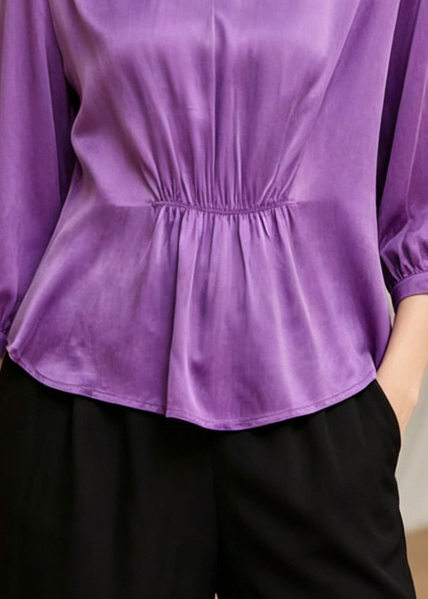 Boutique Purple V Neck Wrinkled Silk Shirts Half Sleeve