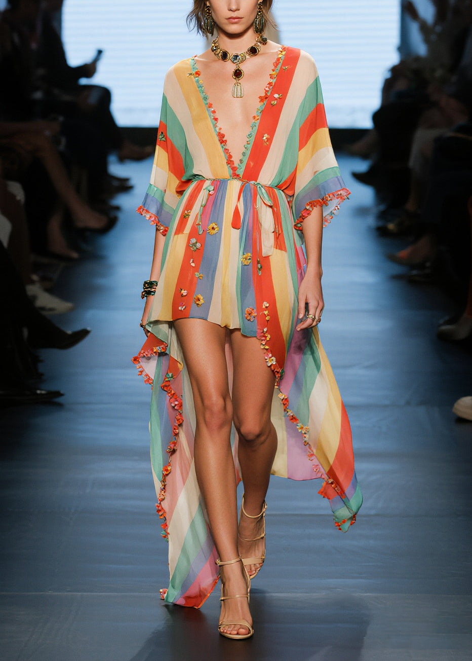 Boutique Rainbow Asymmetrical Floral Chiffon Holiday Dress Summer