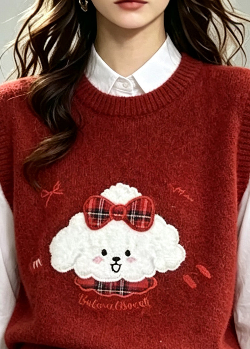 Boutique Red Embroideried Knit Vests Winter