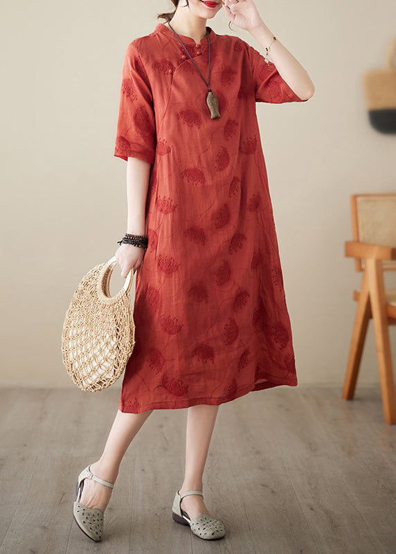 Boutique Red Mandarin Collar Embroidered Oriental Dress Summer