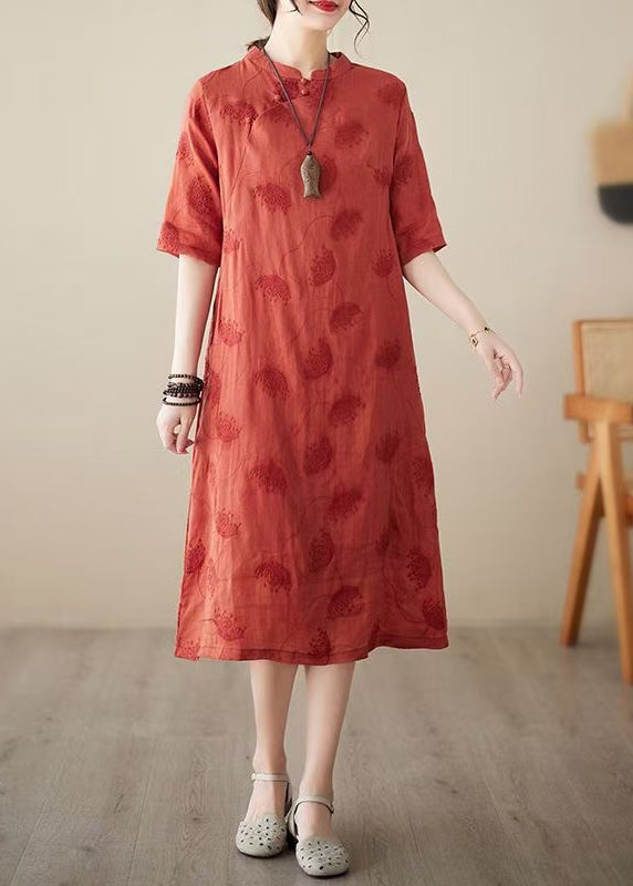 Boutique Red Mandarin Collar Embroidered Oriental Dress Summer