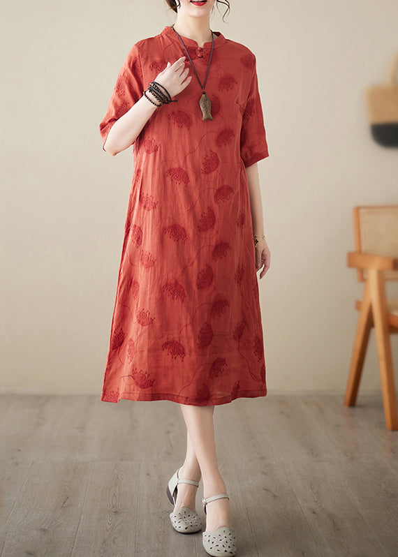 Boutique Red Mandarin Collar Embroidered Oriental Dress Summer