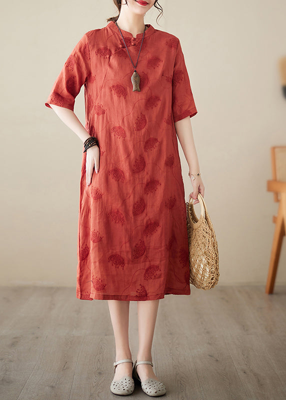 Boutique Red Mandarin Collar Embroidered Oriental Dress Summer