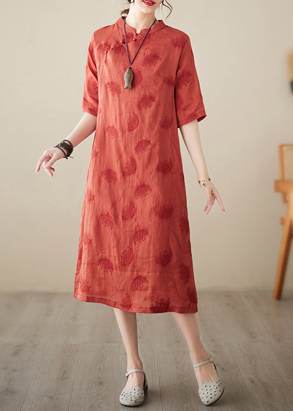 Boutique Red Mandarin Collar Embroidered Oriental Dress Summer
