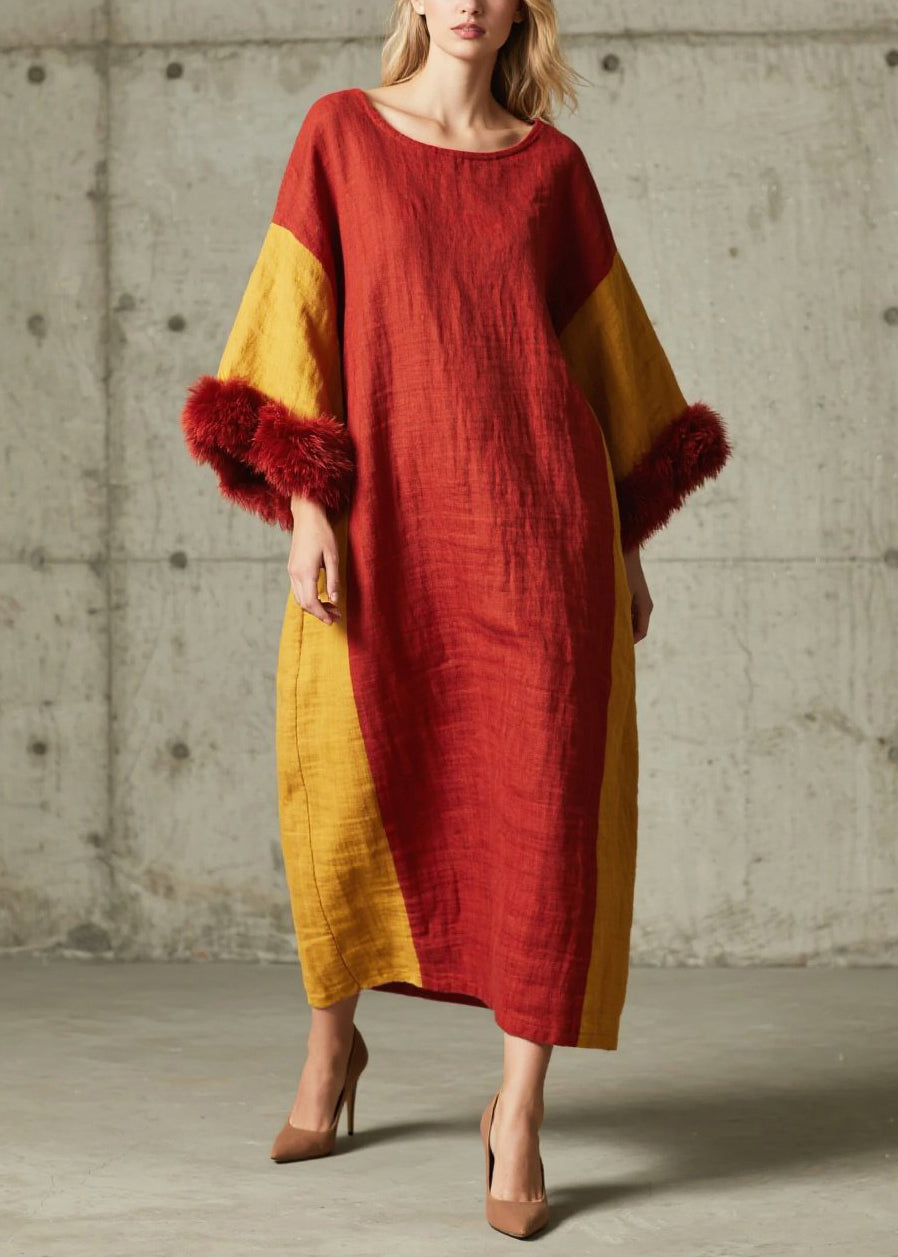 Boutique Red Oversized Patchwork Faux Fur Maxi Dresses Fall