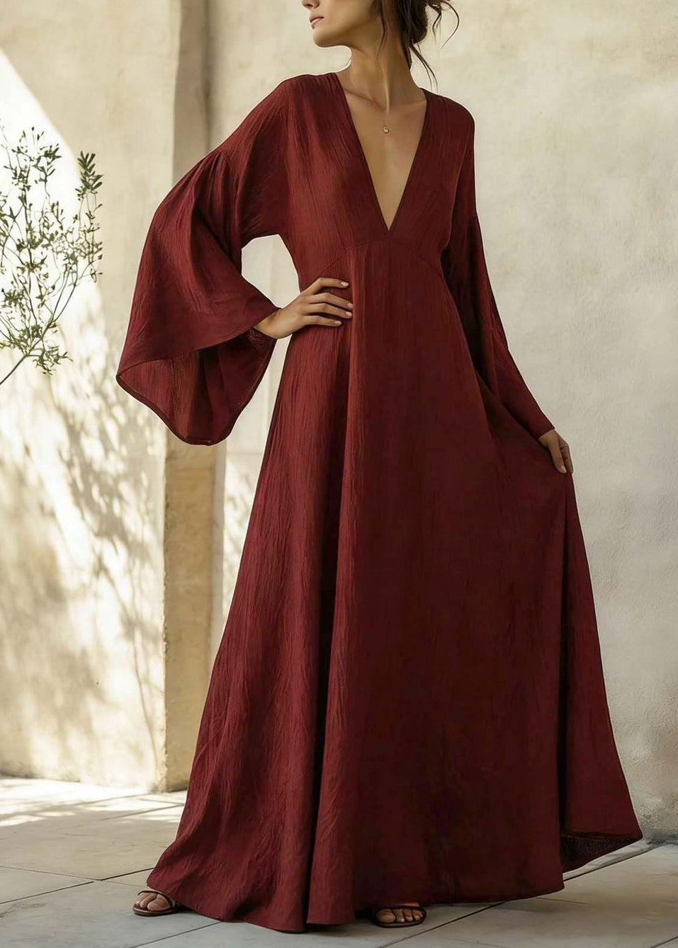 Boutique Red Patchwork Long Dress Flare Sleeve