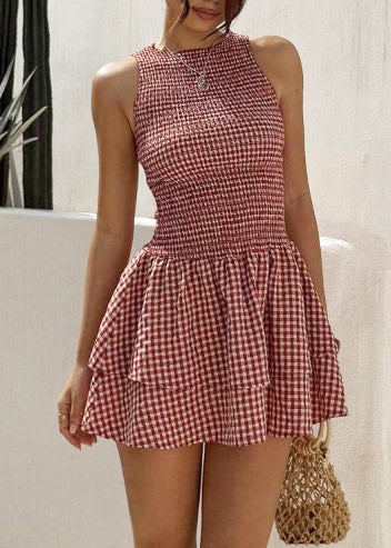 Boutique Red Plaid Layered Cotton Vacation Dress Summer