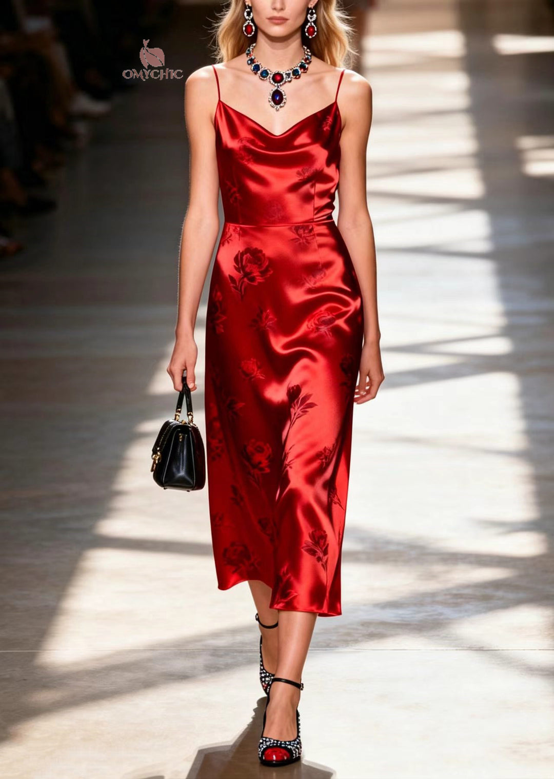 Boutique Red Print Silk Spaghetti Strap Dress Summer
