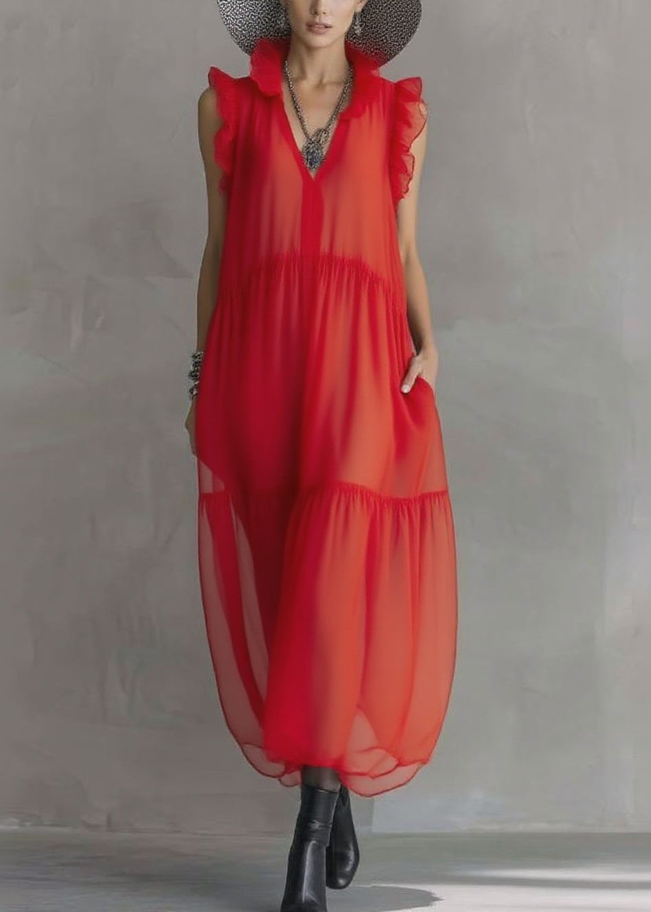 Boutique Red Ruffled Patchwork Chiffon Long Dress Sleeveless - Omychic