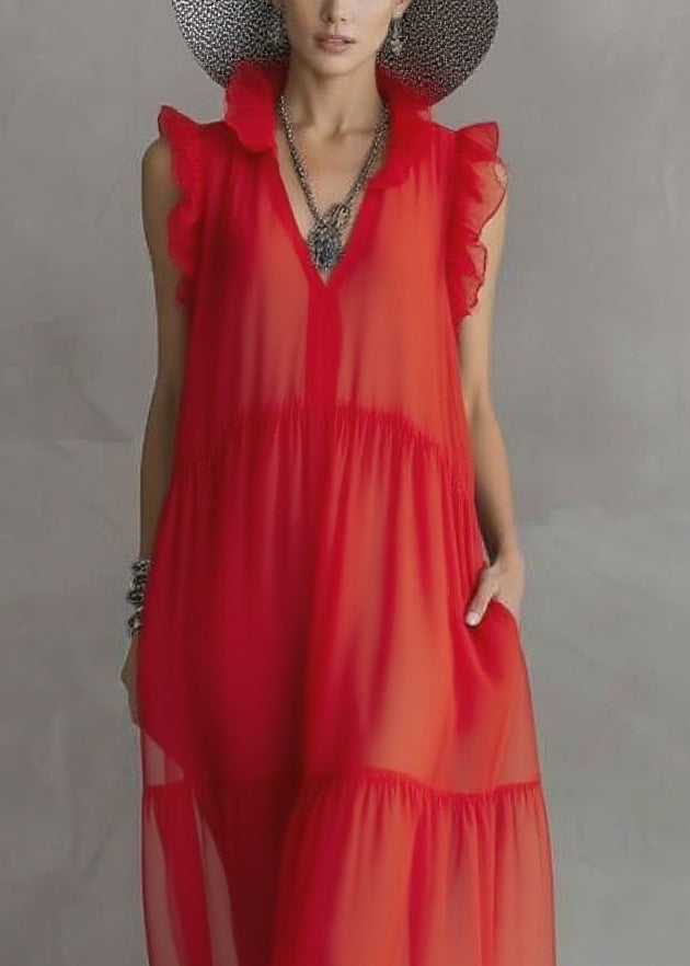 Boutique Red Ruffled Patchwork Chiffon Long Dress Sleeveless - Omychic