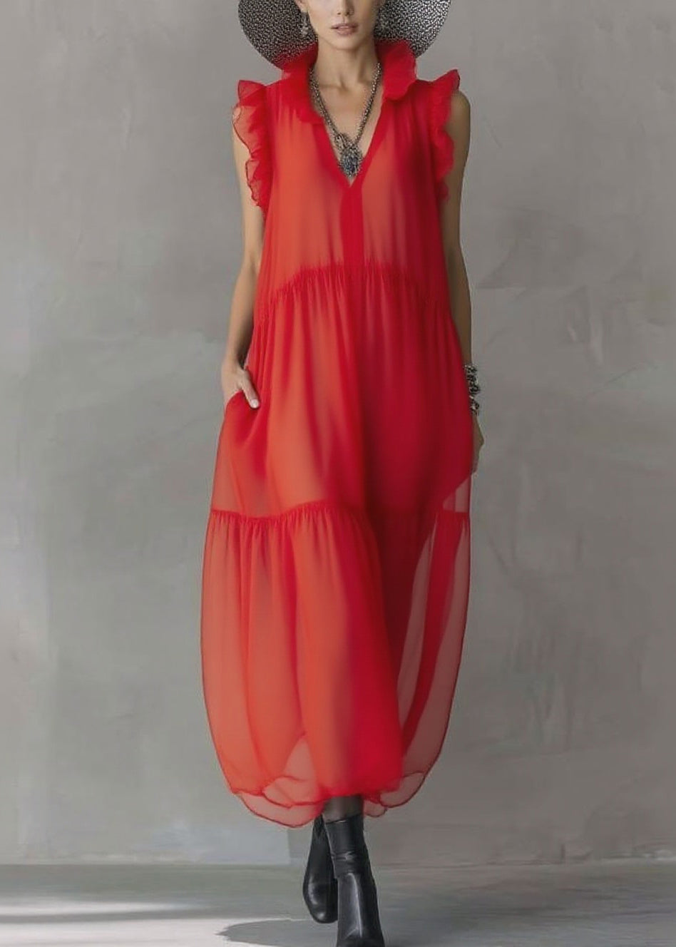 Boutique Red Ruffled Patchwork Chiffon Long Dress Sleeveless - Omychic