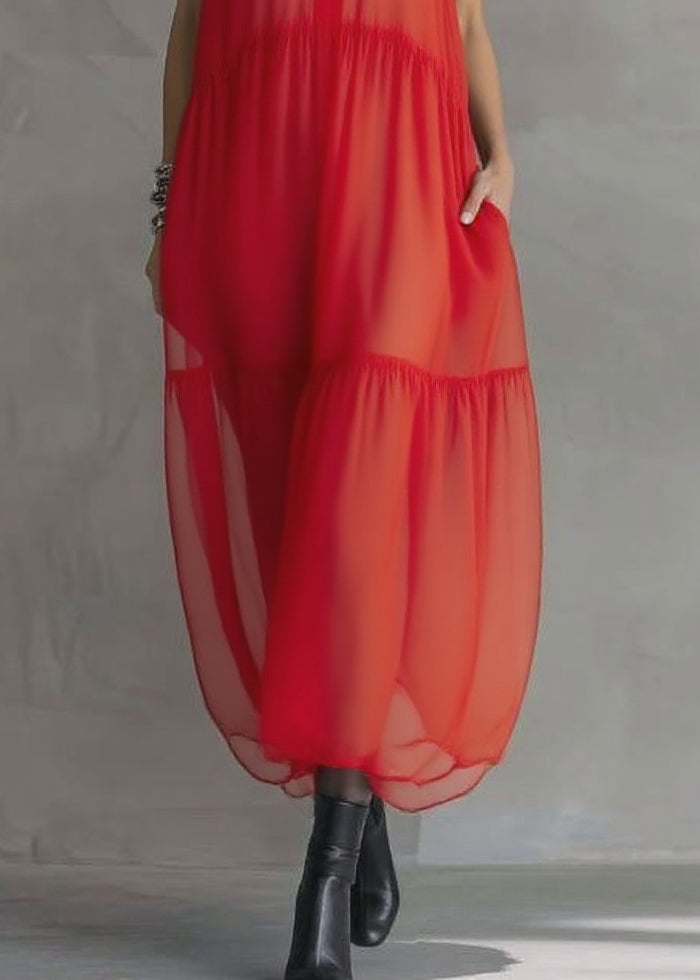 Boutique Red Ruffled Patchwork Chiffon Long Dress Sleeveless - Omychic