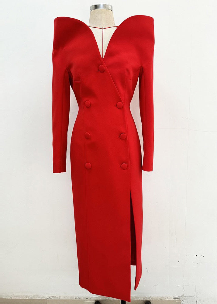 Boutique Red Slash Neck Double Breast Side Open Dress Fall
