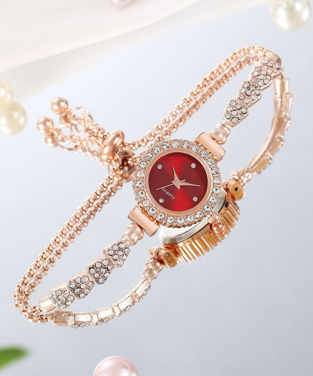 Boutique Red Stainless Steel Zircon Adjustable Waterproof Watch