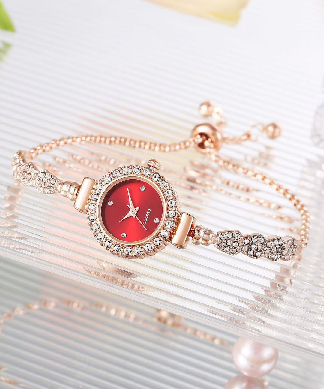 Boutique Red Stainless Steel Zircon Adjustable Waterproof Watch
