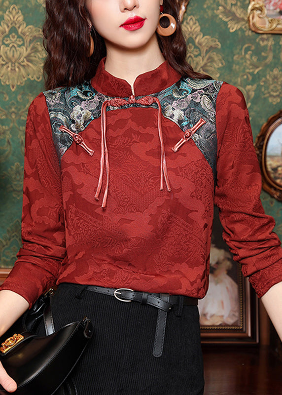 Boutique Red Stand Collar Embroidered Floral Button Top Spring