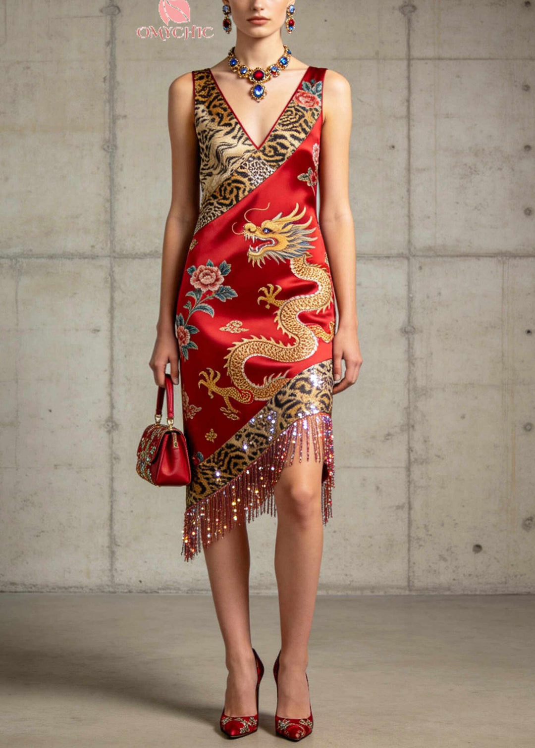 Boutique Red Tasseled Print Silk Robe Dresses Summer