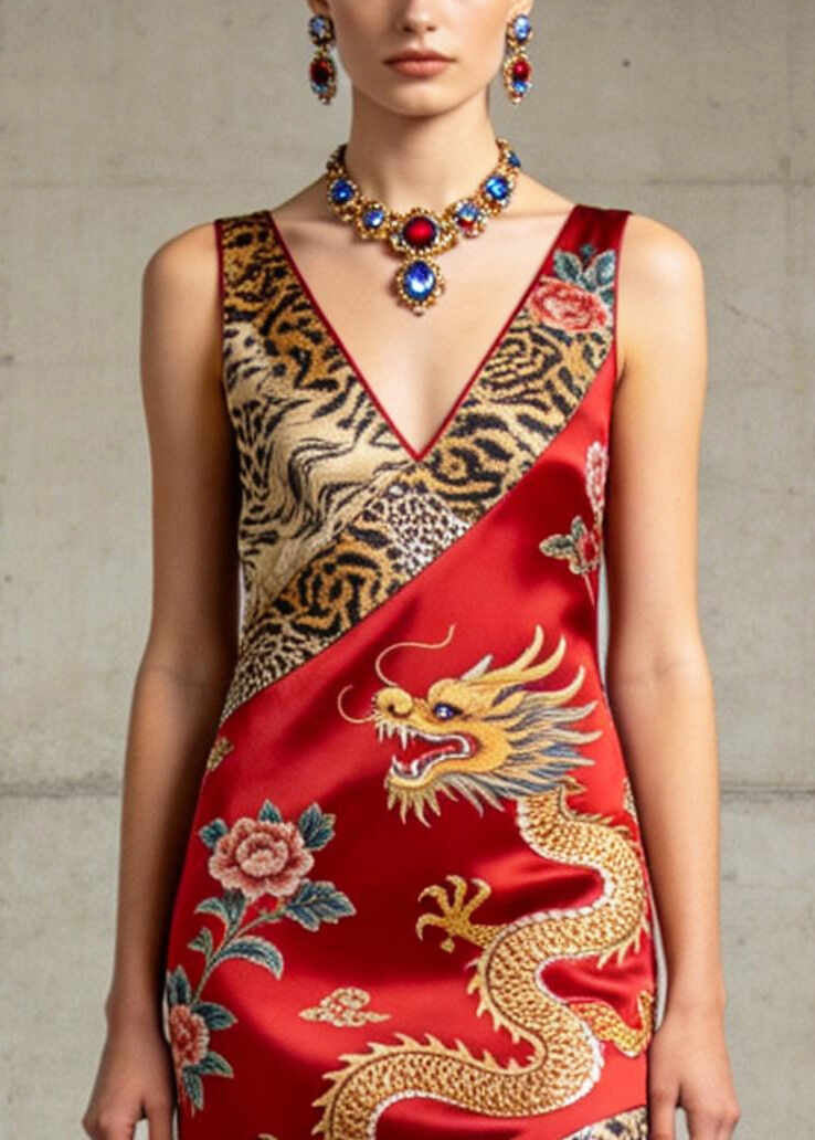 Boutique Red Tasseled Print Silk Robe Dresses Summer