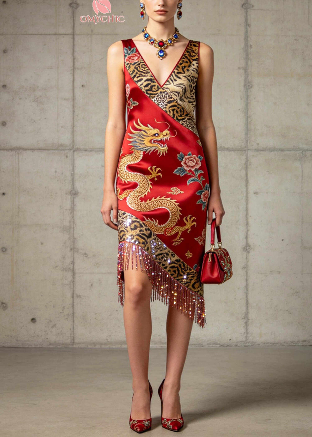 Boutique Red Tasseled Print Silk Robe Dresses Summer