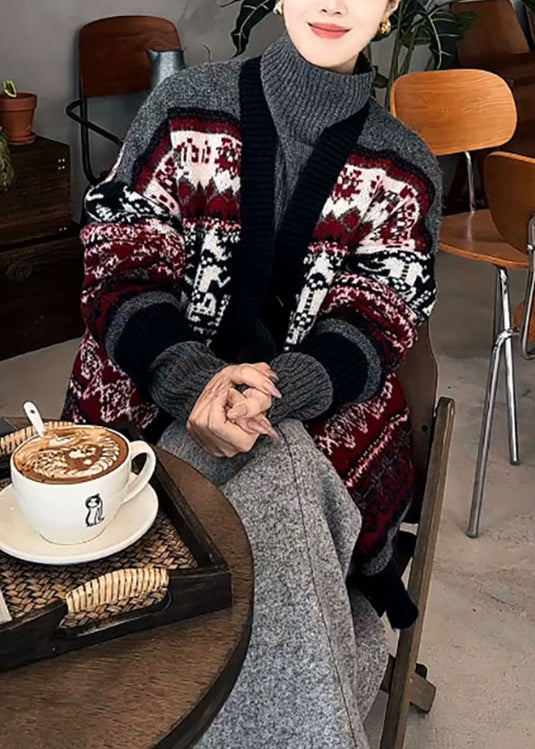 Boutique Red V Neck Jacquard Knit Cardigan Spring