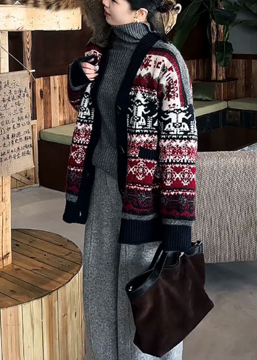 Boutique Red V Neck Jacquard Knit Cardigan Spring