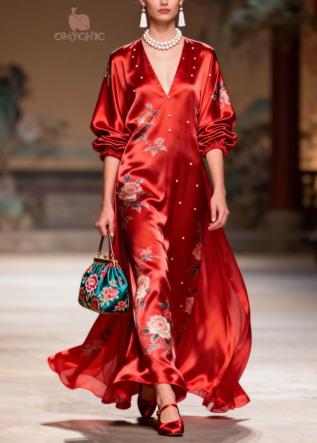 Boutique Red V Neck Nail Bead Print Silk Robe Dresses Summer