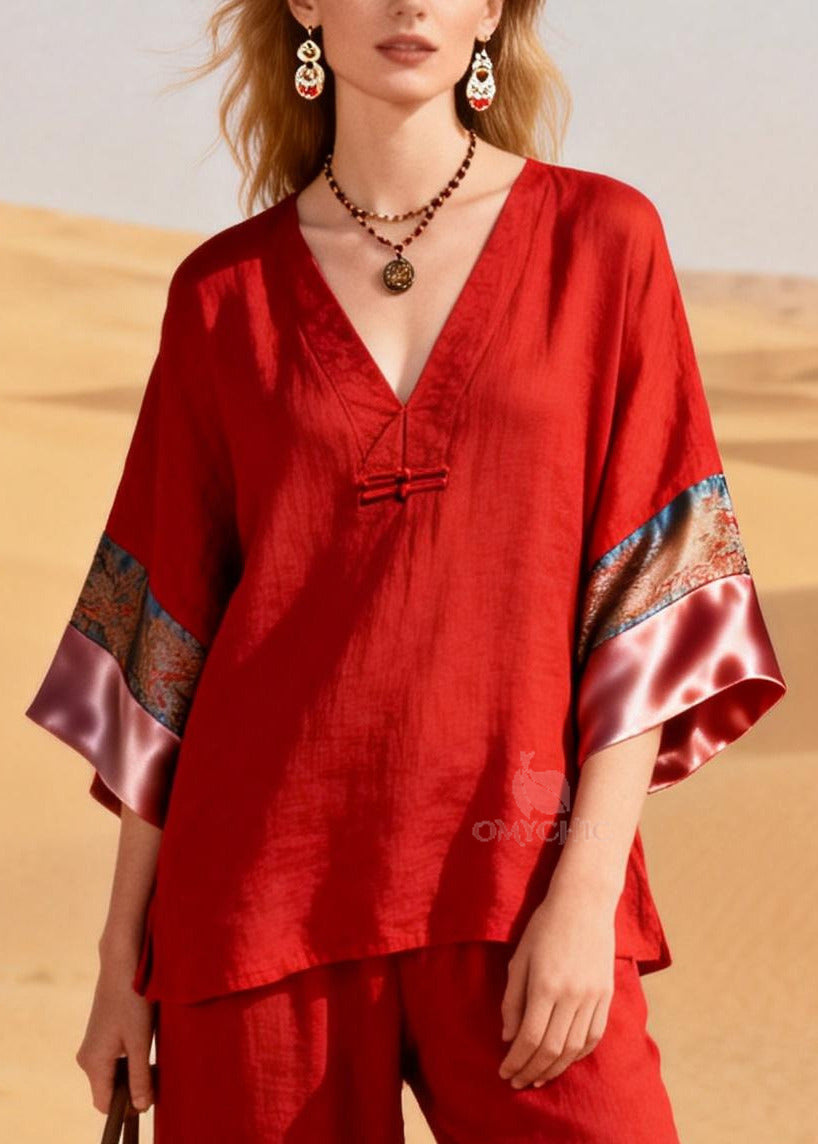 Boutique Red V Neck Patchwork Cotton Oriental Two Pieces Set Half Sleeve