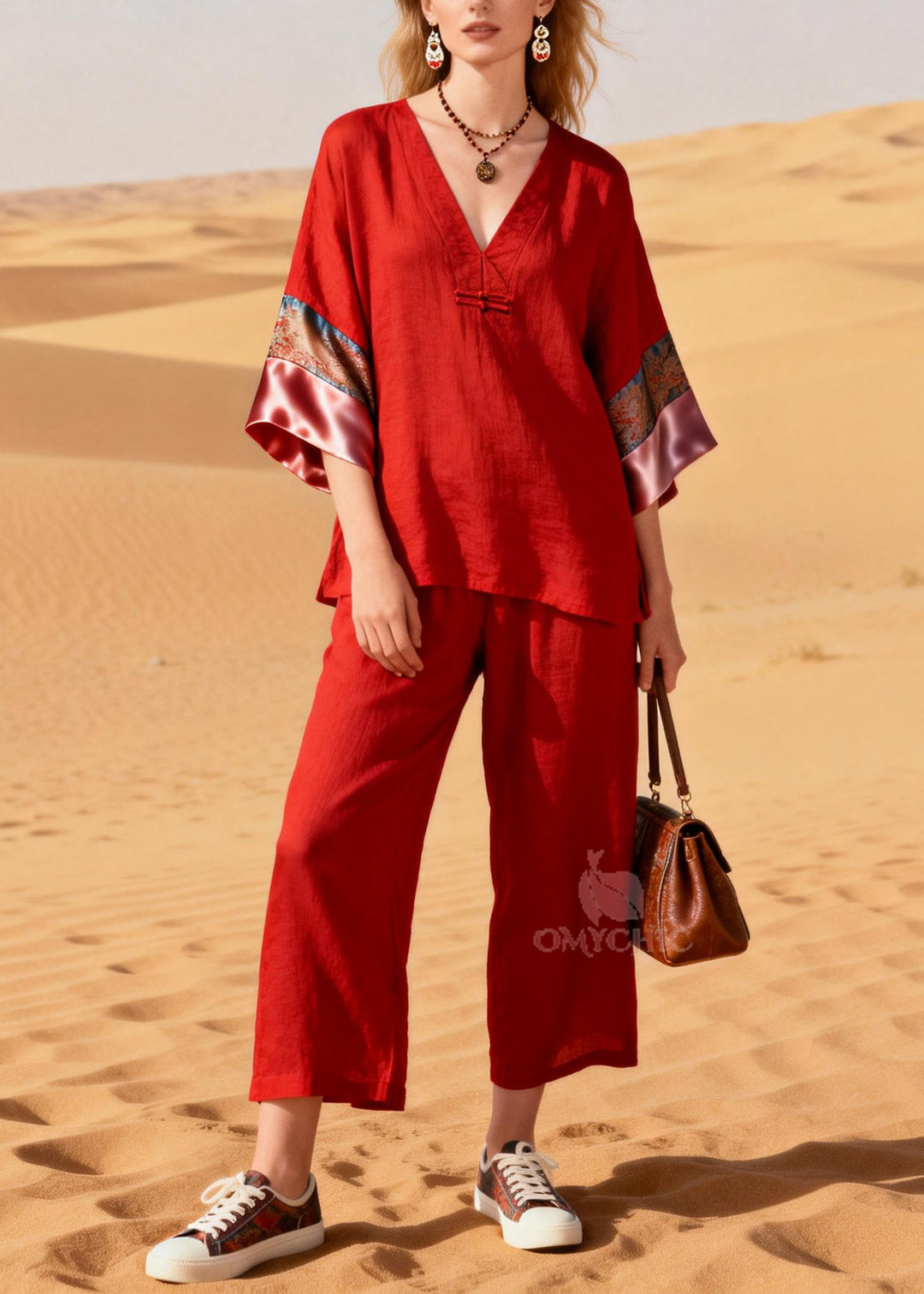 Boutique Red V Neck Patchwork Cotton Oriental Two Pieces Set Half Sleeve