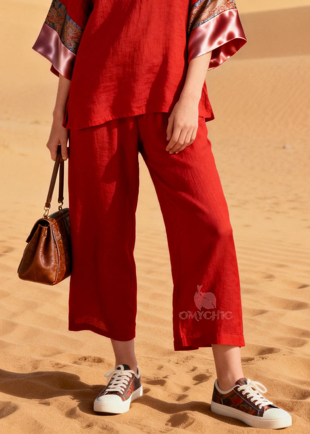 Boutique Red V Neck Patchwork Cotton Oriental Two Pieces Set Half Sleeve