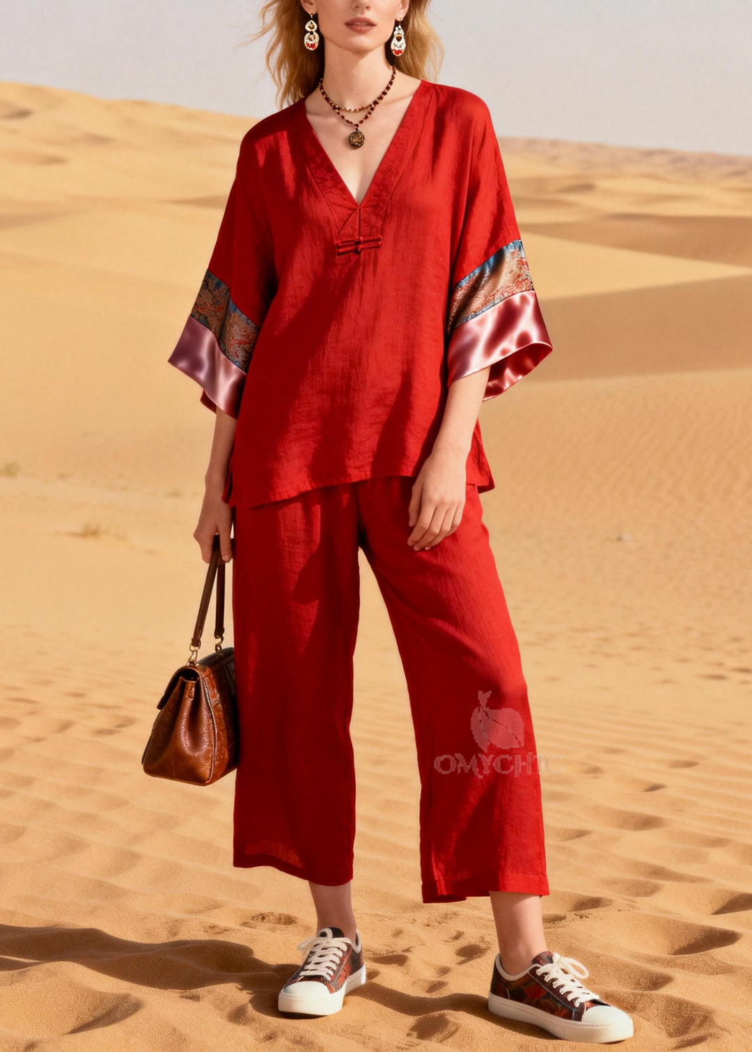 Boutique Red V Neck Patchwork Cotton Oriental Two Pieces Set Half Sleeve