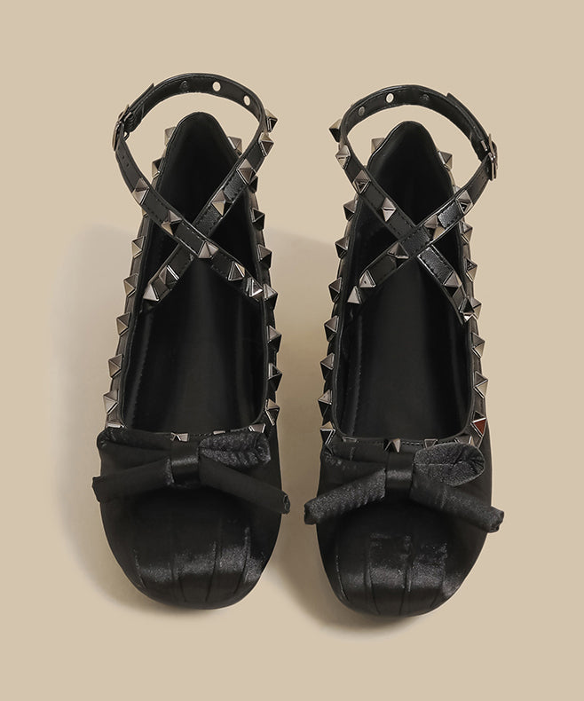 Boutique Rivet Splicing Wedge Shoes Pink Satin Bow