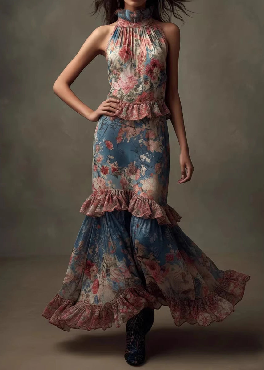 Boutique Ruffled Print Patchwork Chiffon Maxi Dresses Sleeveless