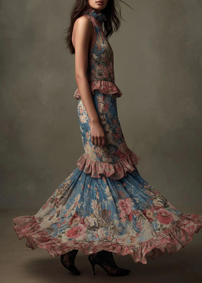 Boutique Ruffled Print Patchwork Chiffon Maxi Dresses Sleeveless