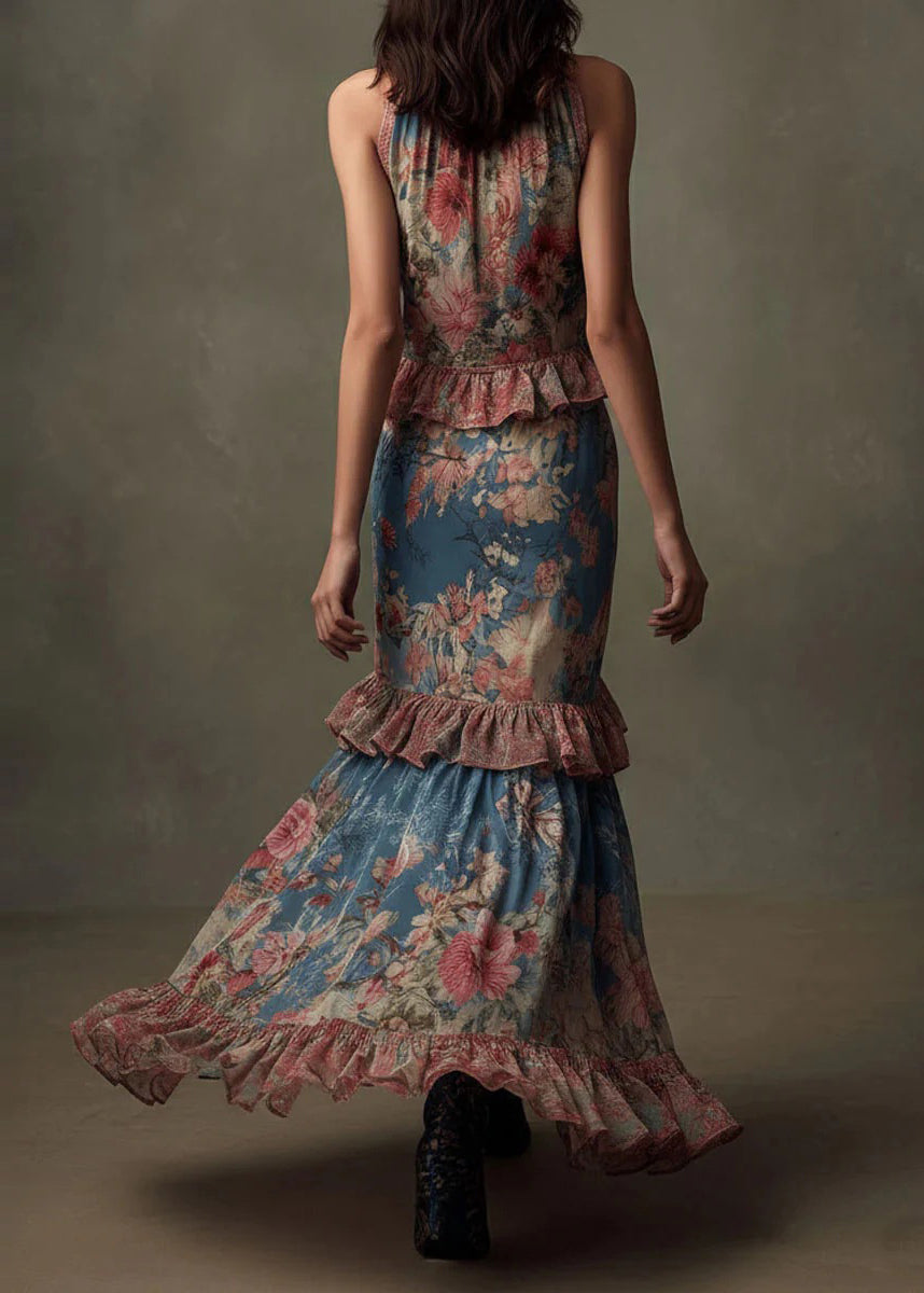 Boutique Ruffled Print Patchwork Chiffon Maxi Dresses Sleeveless