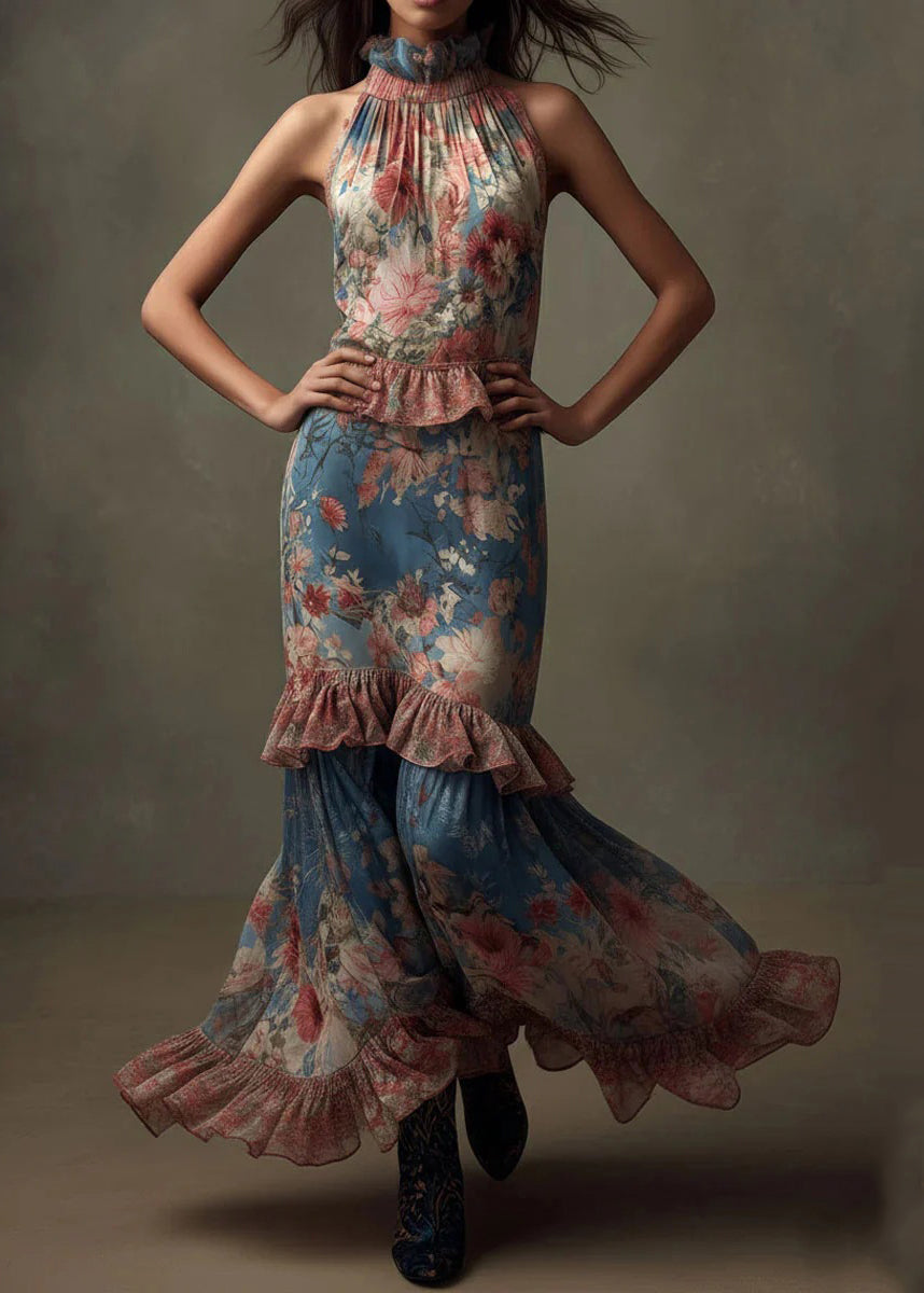 Boutique Ruffled Print Patchwork Chiffon Maxi Dresses Sleeveless