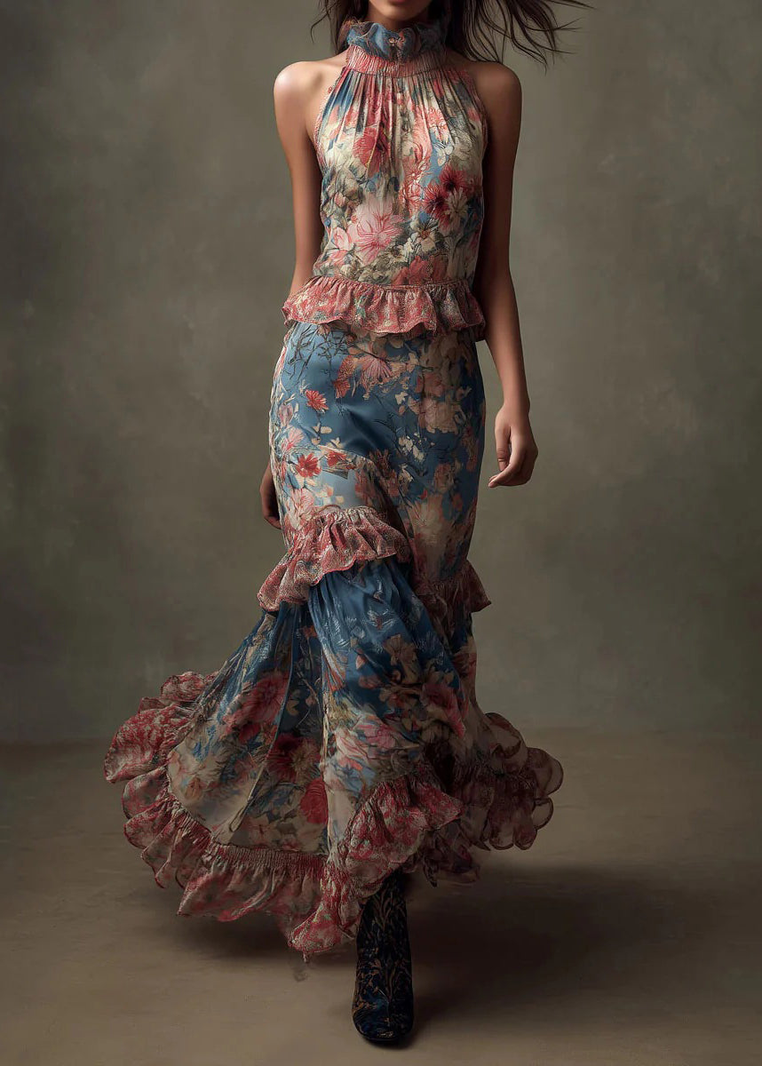 Boutique Ruffled Print Patchwork Chiffon Maxi Dresses Sleeveless