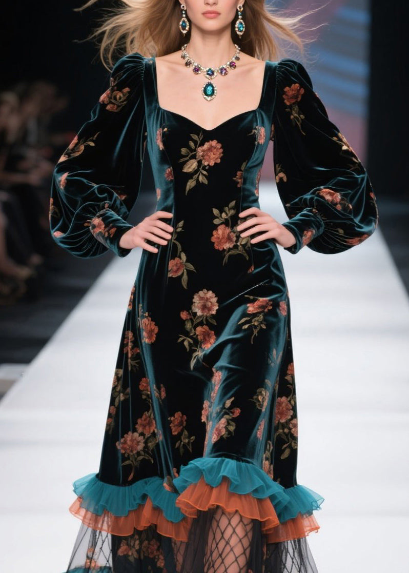 Boutique Ruffled Print Patchwork Velvet Dress Fall