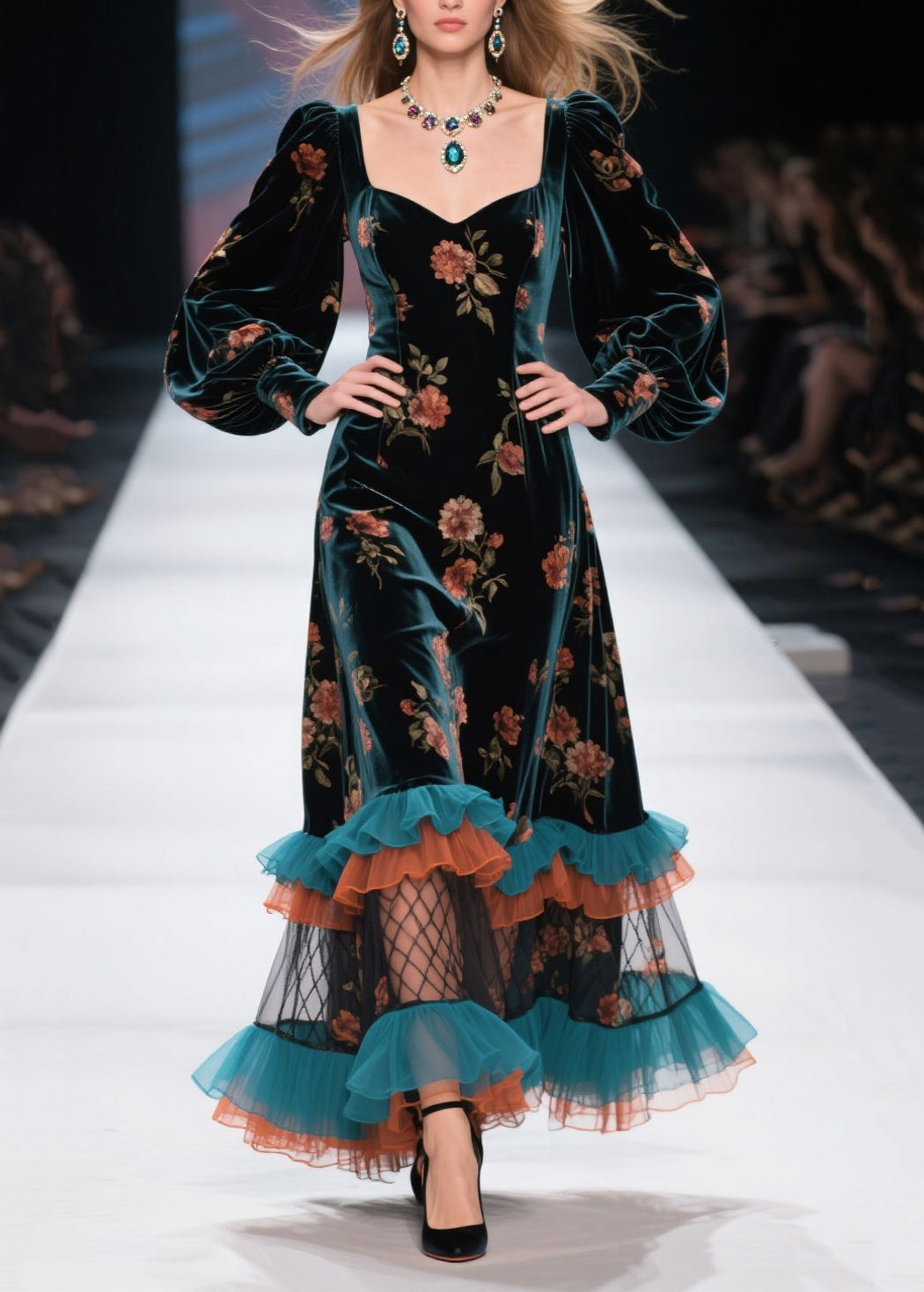 Boutique Ruffled Print Patchwork Velvet Dress Fall