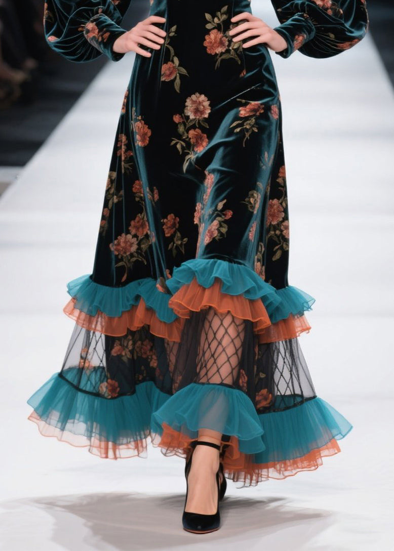 Boutique Ruffled Print Patchwork Velvet Dress Fall