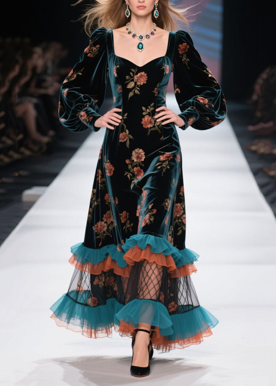 Boutique Ruffled Print Patchwork Velvet Dress Fall