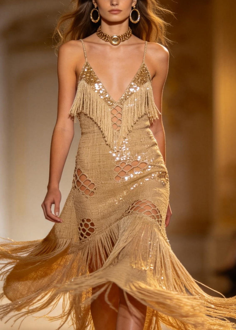 Boutique Sequins Tassel Patchwork Cotton Spaghetti Strap Dress Summer - Omychic