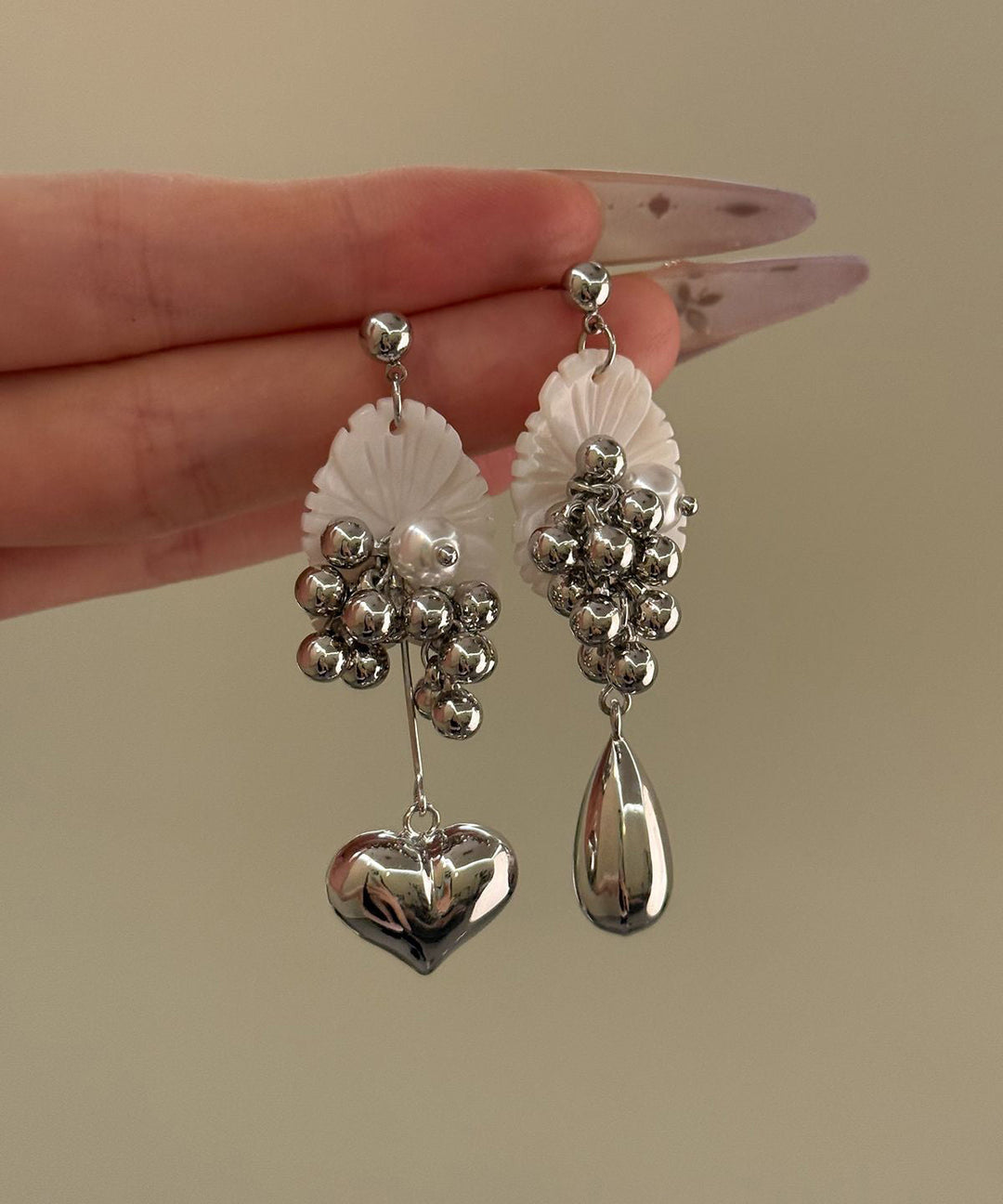 Boutique Silk Alloy Crystal Shell Pearl Asymmetrical Drop Earrings