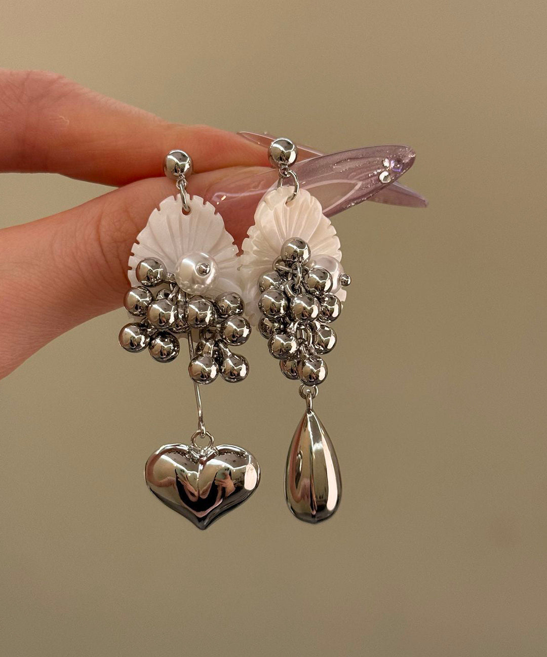 Boutique Silk Alloy Crystal Shell Pearl Asymmetrical Drop Earrings