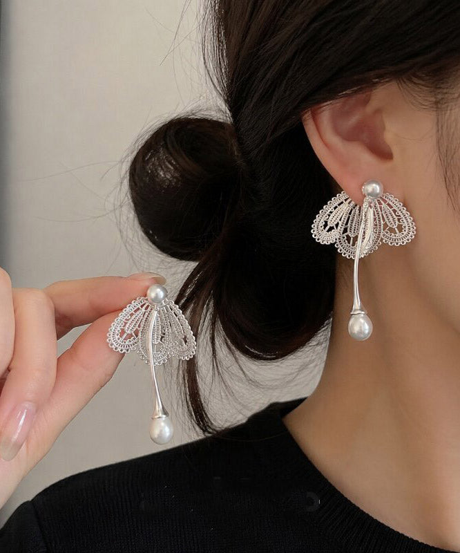 Boutique Silk Alloy Pearl Butterfly Hollow Out Drop Earrings