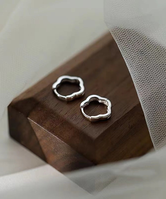 Boutique Silk Sterling Silver Geometric Flower Hoop Earrings