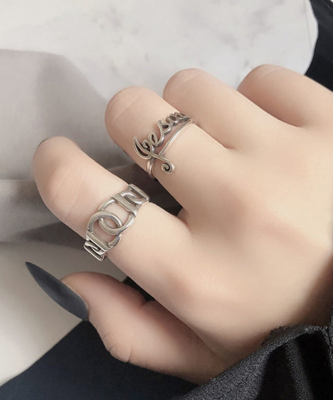 Boutique Silk Sterling Silver Graphic Hollow Out Open Rings Two-Piece Set