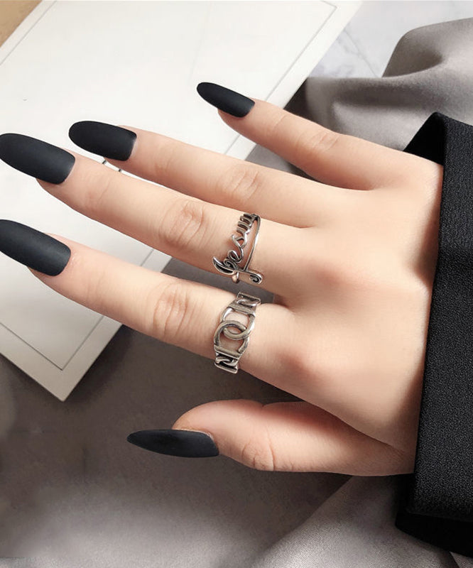 Boutique Silk Sterling Silver Graphic Hollow Out Open Rings Two-Piece Set