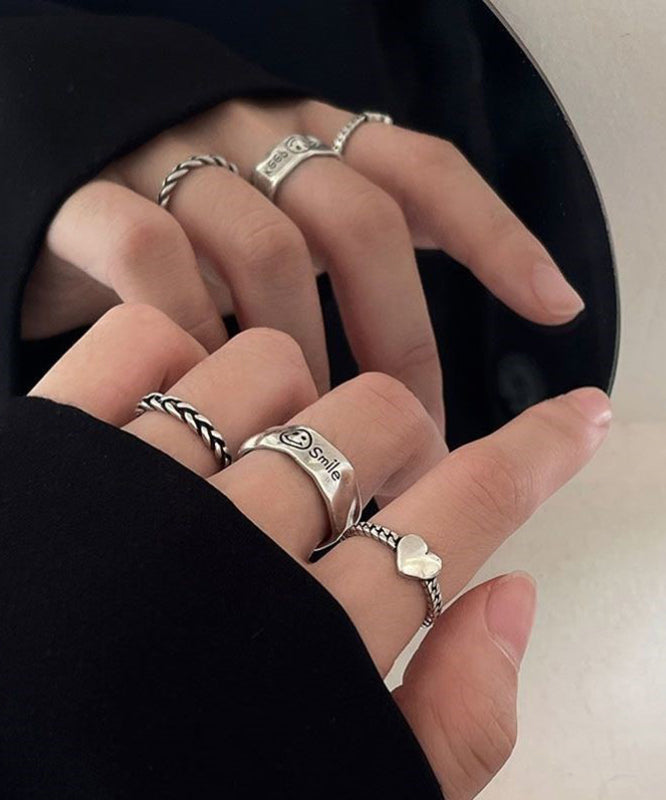 Boutique Silk Sterling Silver Love ,Smiling Face And Fried Dough Twists Rings Three-Piece Set