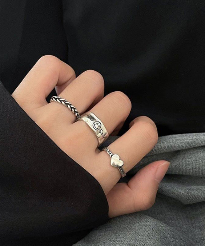 Boutique Silk Sterling Silver Love ,Smiling Face And Fried Dough Twists Rings Three-Piece Set