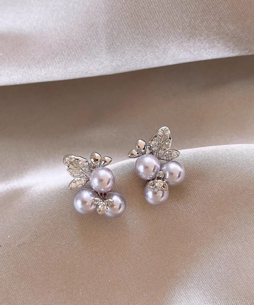 Boutique Silk Sterling Silver Zircon Grape Pearl Stud Earrings
